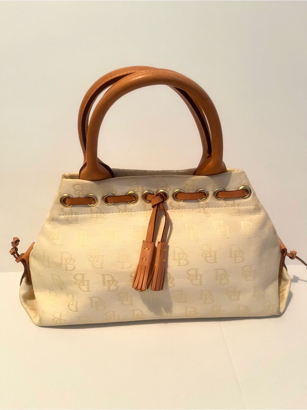 Vintage Dooney & Bourke Signature Monogram Tulip Tassel Tote Bag.